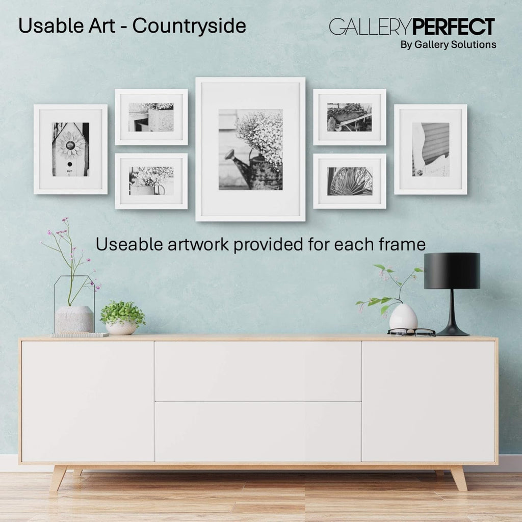 GALLERY PERFECT Multi-Size Picture Frame Set 7 Pack, White Gallery Wall Frames with Hanging Hardware, Clear Glass - One 12x16, Two 8x10, Four 6x8 Matted Photo Frames for Wall Display