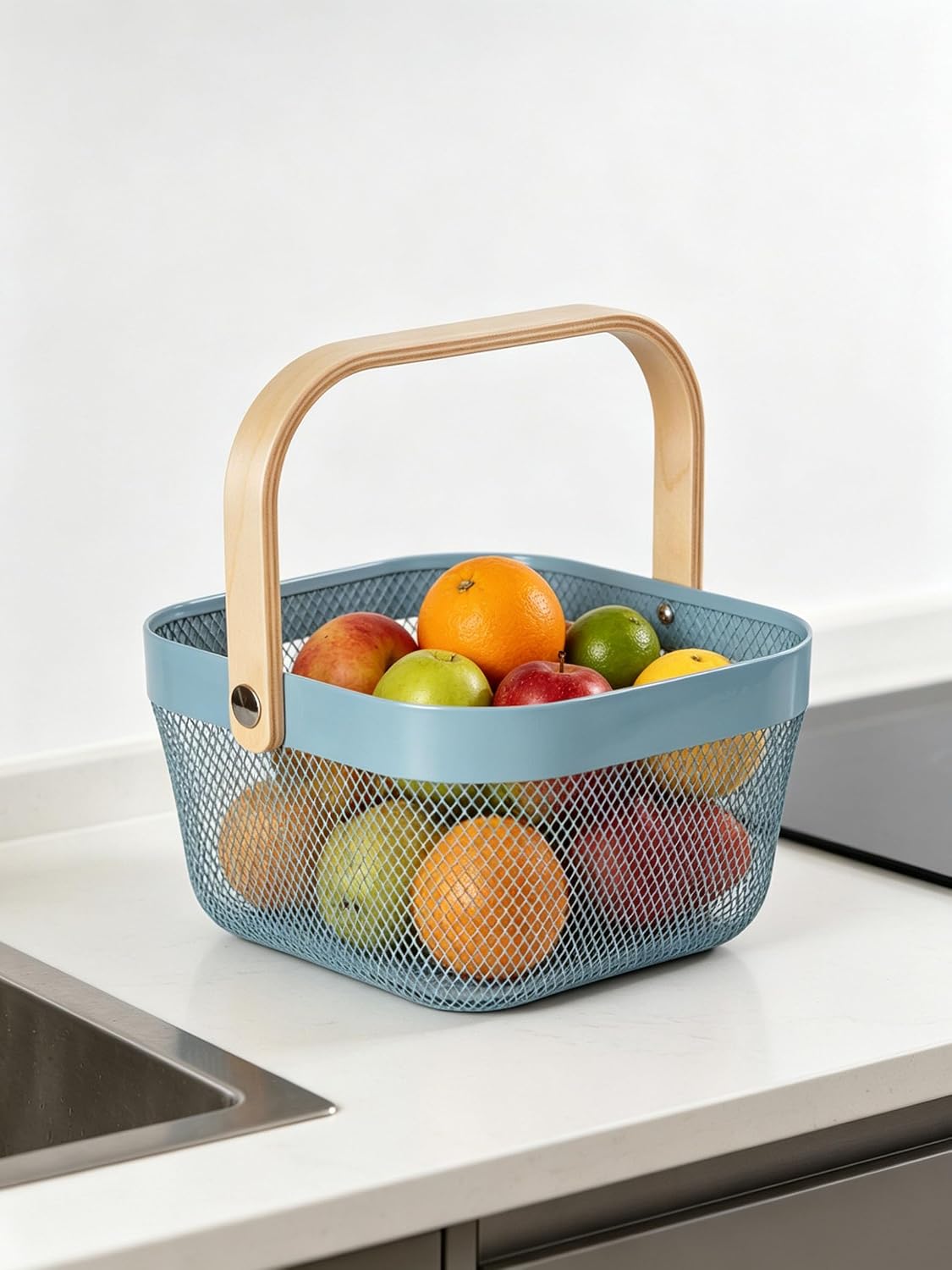AJIODA Metal Mesh Wire Basket, Mini Steel Basket with Wooden Handle Storage Organizer Basket Multi-functional Hanging Kitchen Baskets Fruit Baskets for Kitchen Bathroom Cabinet Pantry Snacks, Blue