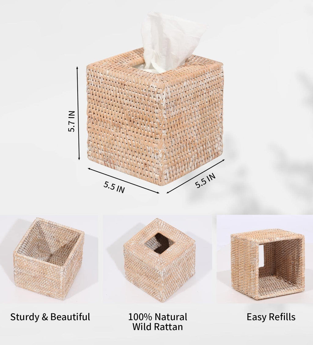 Livelab Rattan Tissue Box Cover Square, Hand Woven Natural Wicker Tissue Box Holder Organizer Farmhouse Country Decor 5.5"X5.5"X5.7" Whitewash