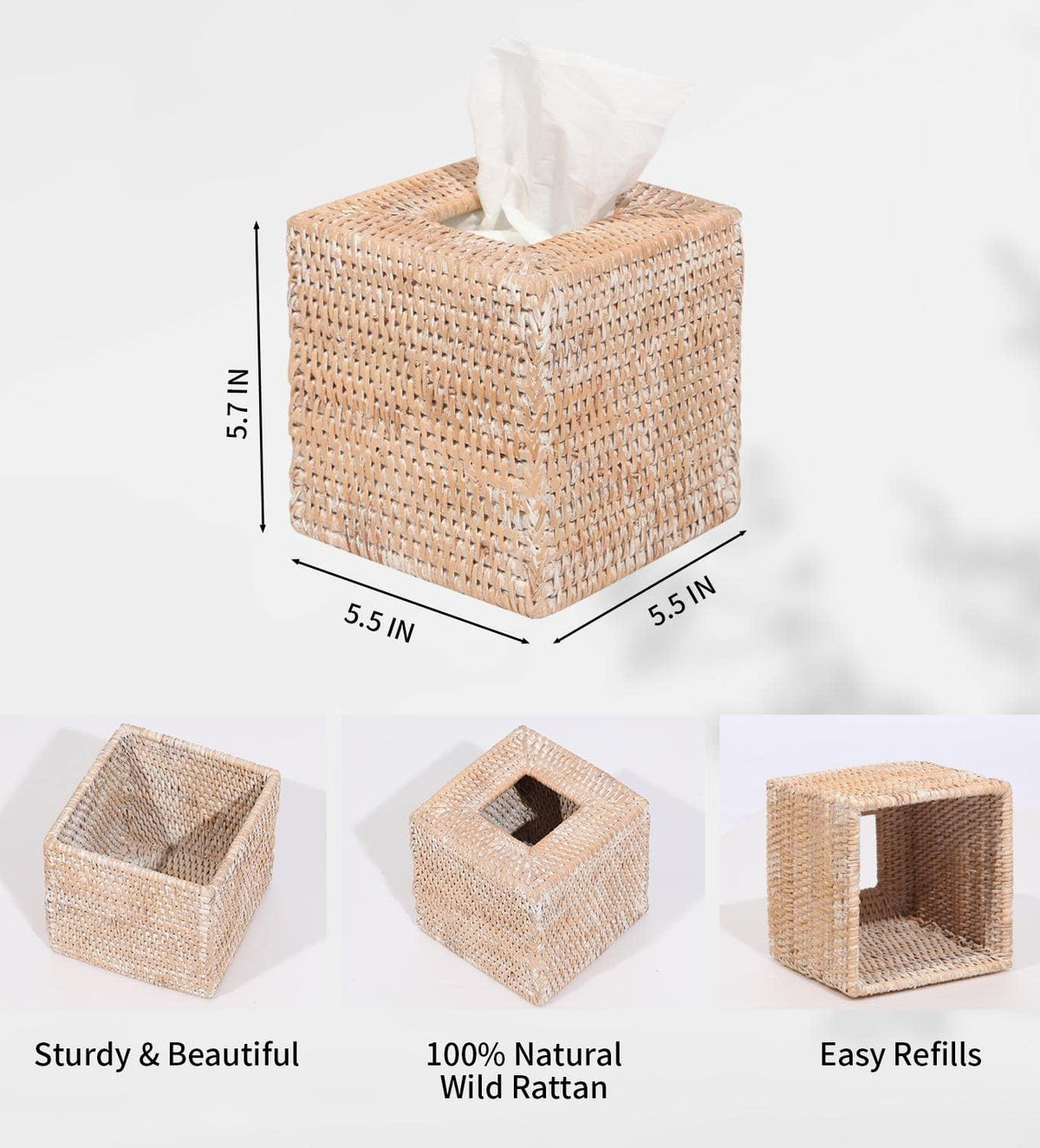 Livelab Rattan Tissue Box Cover Square, Hand Woven Natural Wicker Tissue Box Holder Organizer Farmhouse Country Decor 5.5"X5.5"X5.7" Whitewash