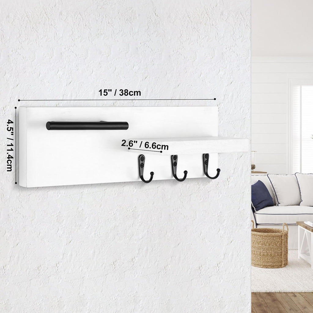 Key Holder for Wall, Decorative Entryway Shelf with Hooks Holds Keys, Dog Leash, Sunglasses – Key Hanger with 3 Hooks Organizes, Enhances Home Decor (15” x 4.5” x 2.6”) (White)