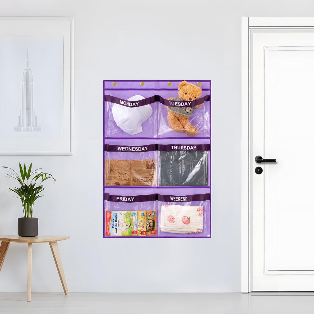 Weekly Clothes Organizer Day of Week School Clothing Storage Hanging Closet Organization for Kids Monday to Weekend (PURPLE)
