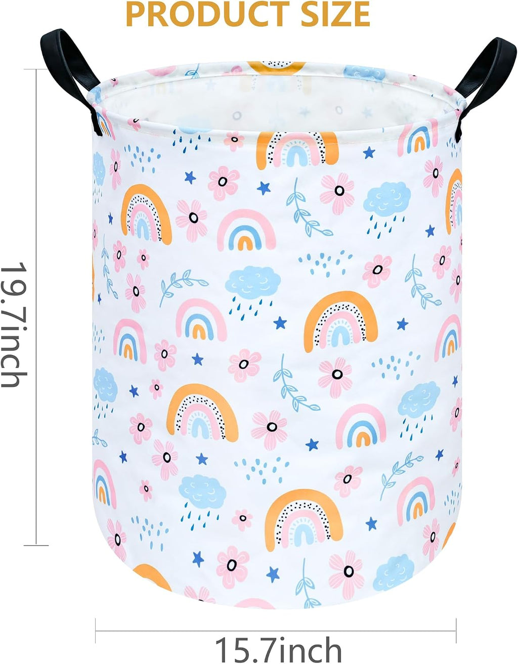 Pastel Rainbow Floral Laundry Hamper, Round Foldable Storage Basket with PU Leather Handles and Water-Resistant Lining for Bedroom, Dorm, Nursery, Clothes and Toys