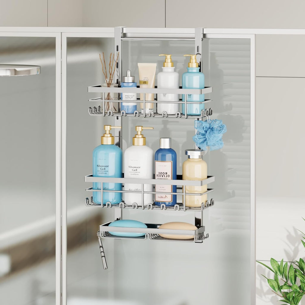 SWTYMIKI Over The Door Shower Caddy - 3 Tier Rustproof Hanging Shower Organizer with Adjustable Shelves, 28 Hooks & Soap Holder, Hanging Shower Rack Storage for Bathroom Accessories, Silver