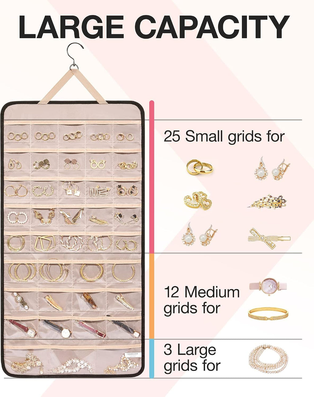 BAGSMART Hanging Jewelry Organizer Necklace/Earring/Ring 2-Sided XL Black