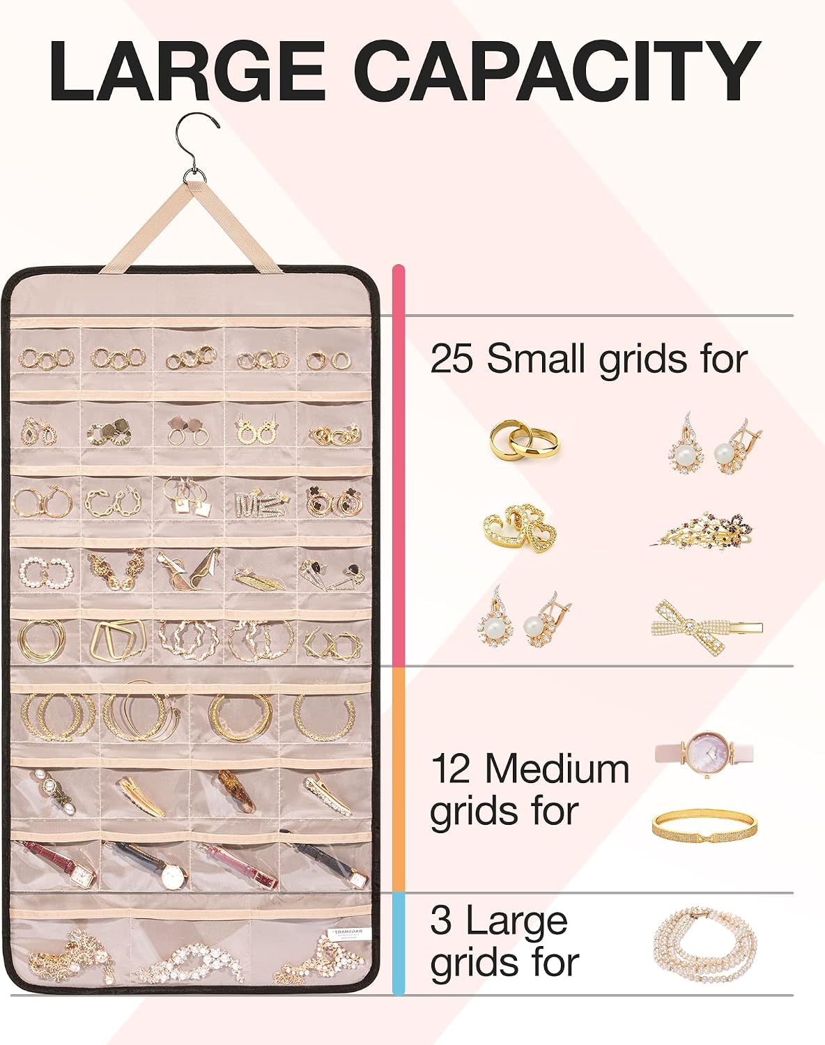 BAGSMART Hanging Jewelry Organizer Necklace/Earring/Ring 2-Sided XL Black