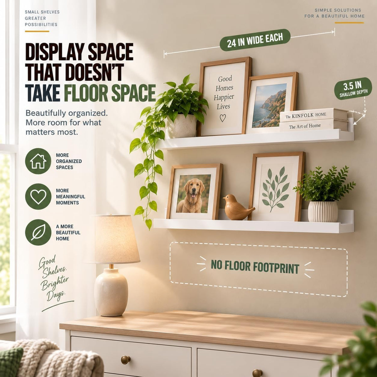 Greenco Picture Shelf, Set of 2 Wall Mounted Photo Ledge Floating Shelves for Bedroom, Living Room, Kitchen, Bathroom, Nursery Display, White Finish