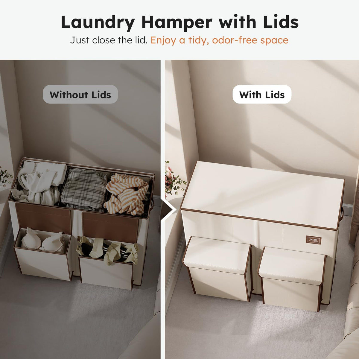 SOLEDI 220L Laundry Hamper 3 Section with Lid and 2 Side Pockets