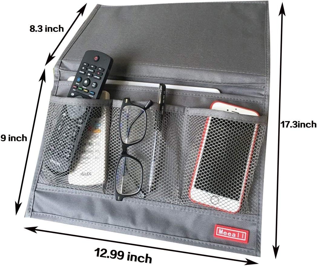 Bedside Storage Organizer with 4 Pockets, Bedside Caddy, Table Cabinet Storage Organizer for TV Remote Control, Phones, Magazines, Tablets, Accessories, Grey