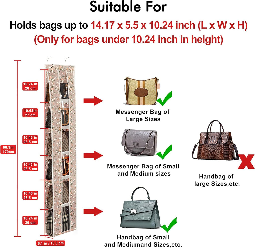 Lirex Over the Door Purse Organizer, Space-Saving Medium and Large Handbag Storage Organizer Clothing Closet Hanger, Light Khaki Camellia