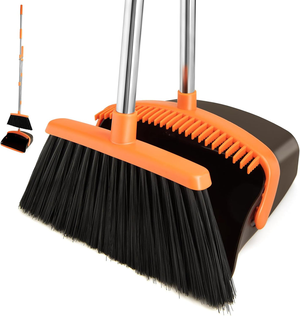 Broom and Dustpan Combo Set,Long Handle, Brown Orange