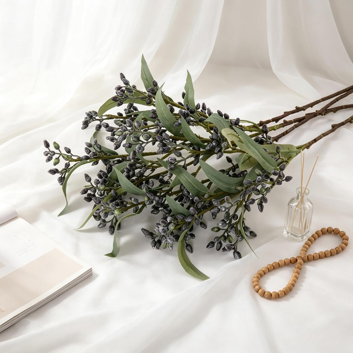 Faux Seeded Willow Eucalyptus Stems, 4Pcs Black Artificial Greenery