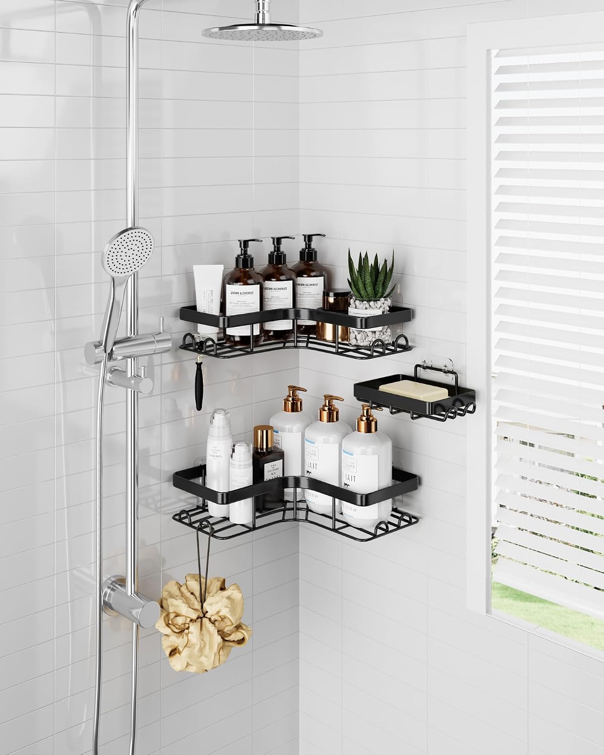 Sakugi Corner Shower Caddy, Large, 3-Pack, Soap Holder & Hooks, Black