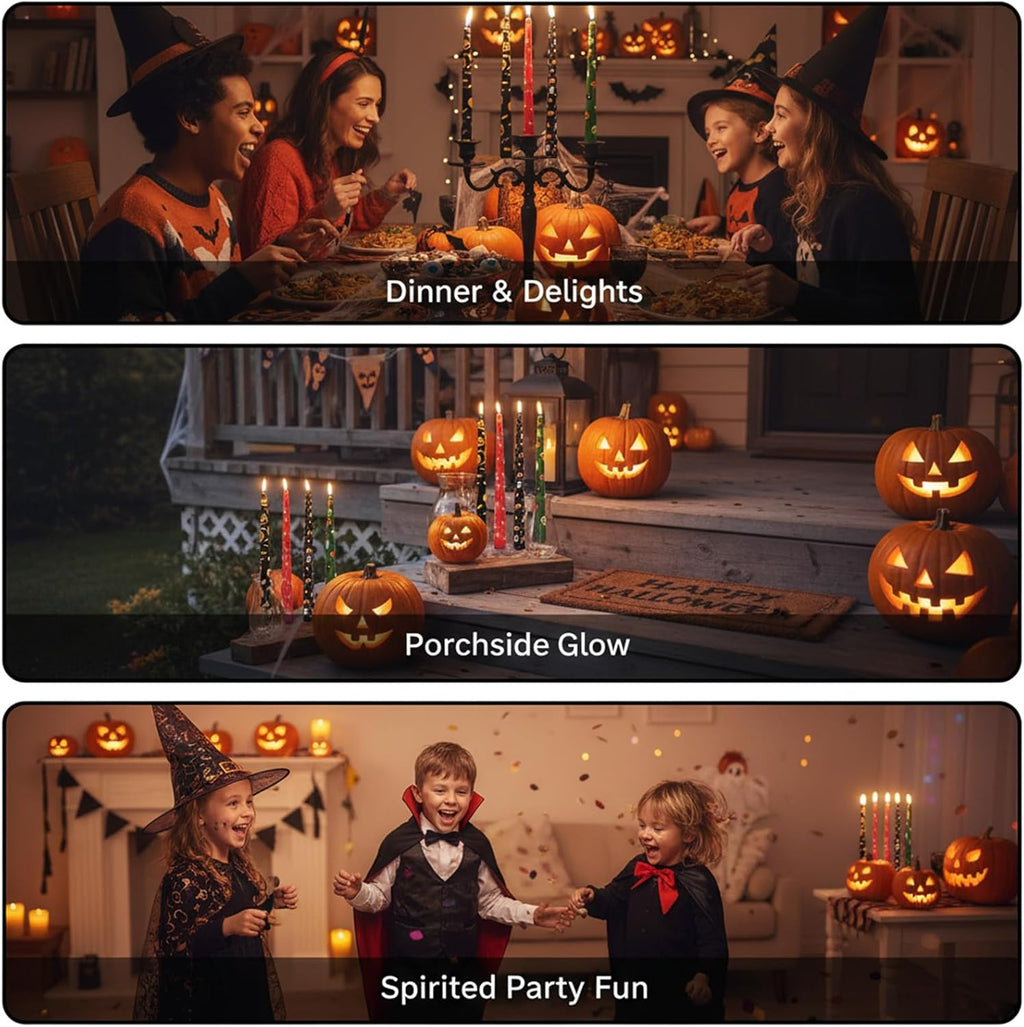 10-Inch Halloween Taper Candle Set of 4,Pumpkin Skeleton & Bat Prints, Spider Web Spooky Dinner Candles, Gift for Festive Halloween Day Decoration