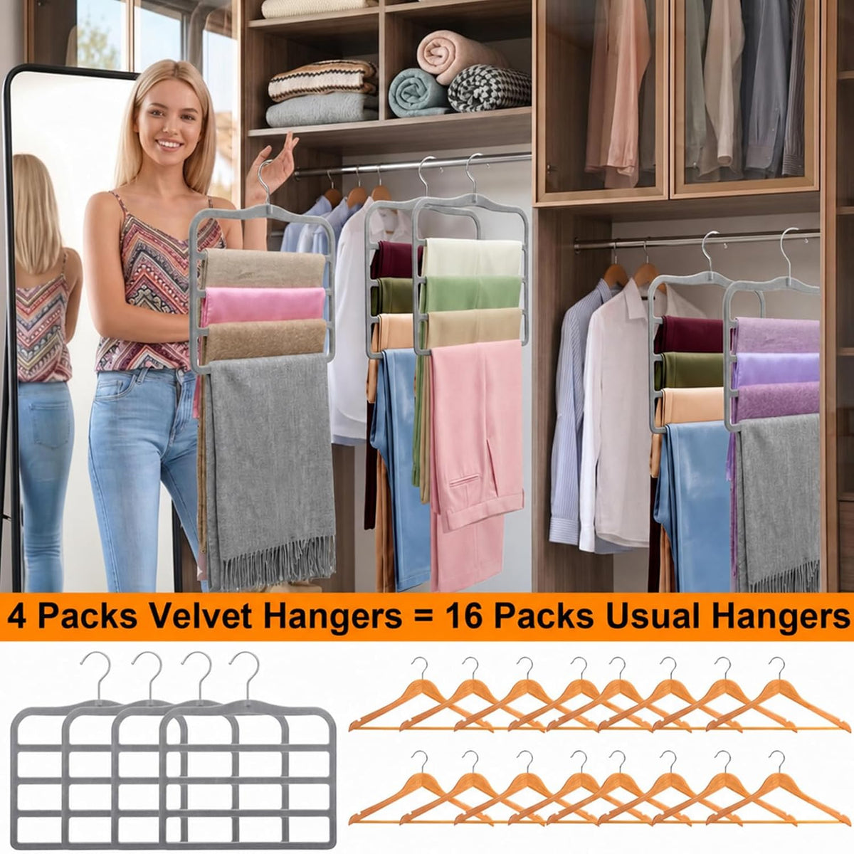 Velvet Pants Hangers Space Saving, 4 Pack Non Slip Closet Organizer