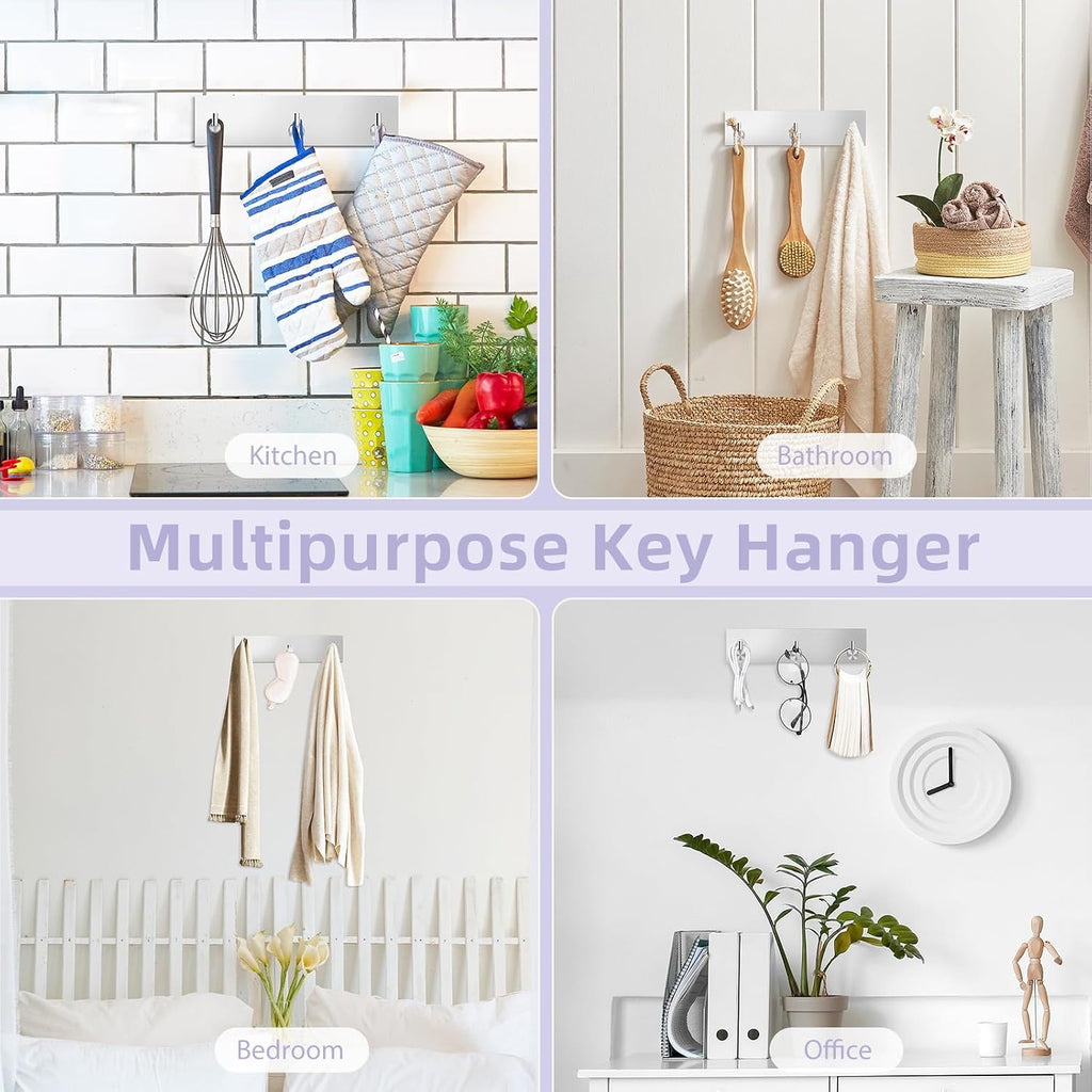VIS'V Key Holder Wall Mount, Small Adhesive Key Hanger with 3 Hooks, Silver