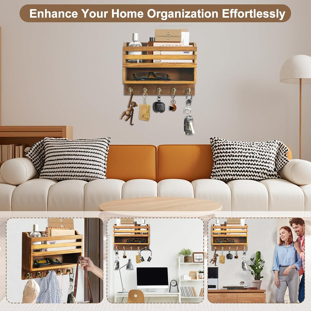 Key Holder Wall Mount with Mail Organizer, 5 Key Hooks, Brown
