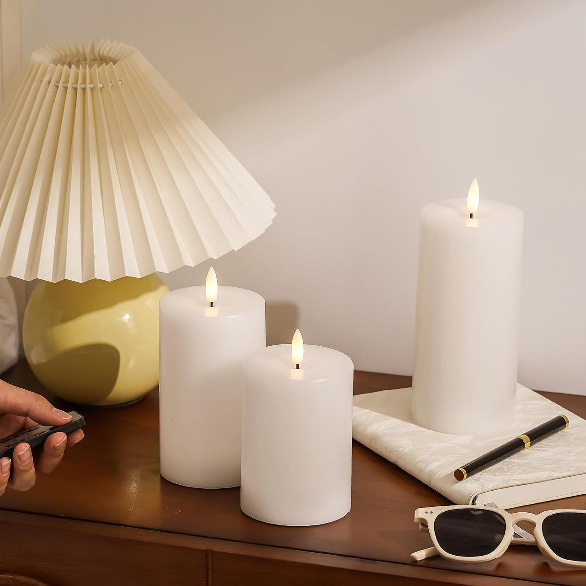 Stmarry White Flameless Candles with Remote and Timer, Real Wax Made LED Pillar Candles Battery Operated with 3D Flickering Flame - 3" x 4", 3" x 5", 3" x 6" - Set of 3