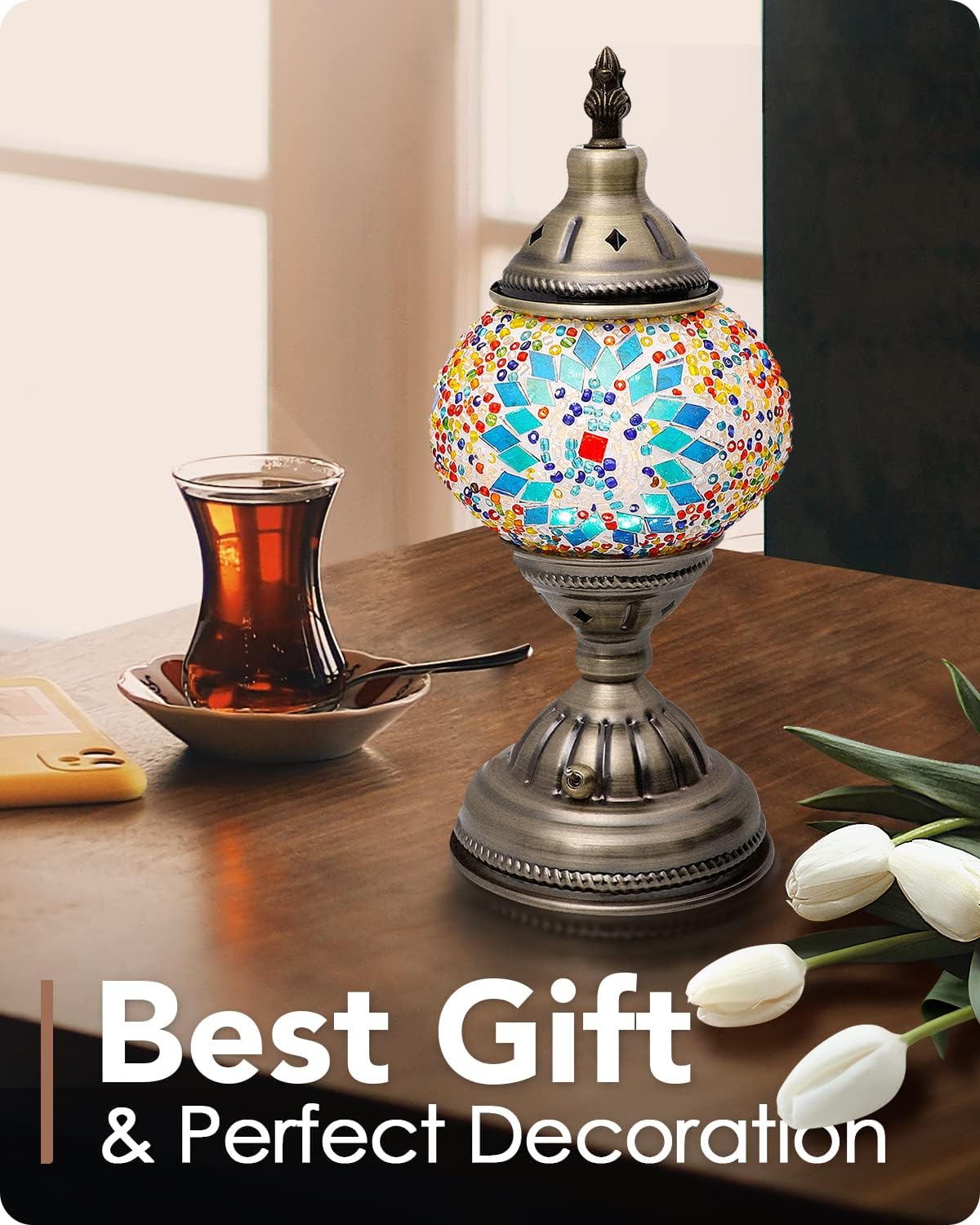 Yarra-Decor Turkish Moroccan Lamp with Bronze Base Handmade Tiffany Mosaic Glass Lamps Portable Bedside Lamps with Rechargeable Battery 2000mAh (LED Bulb Included) (Blue1)