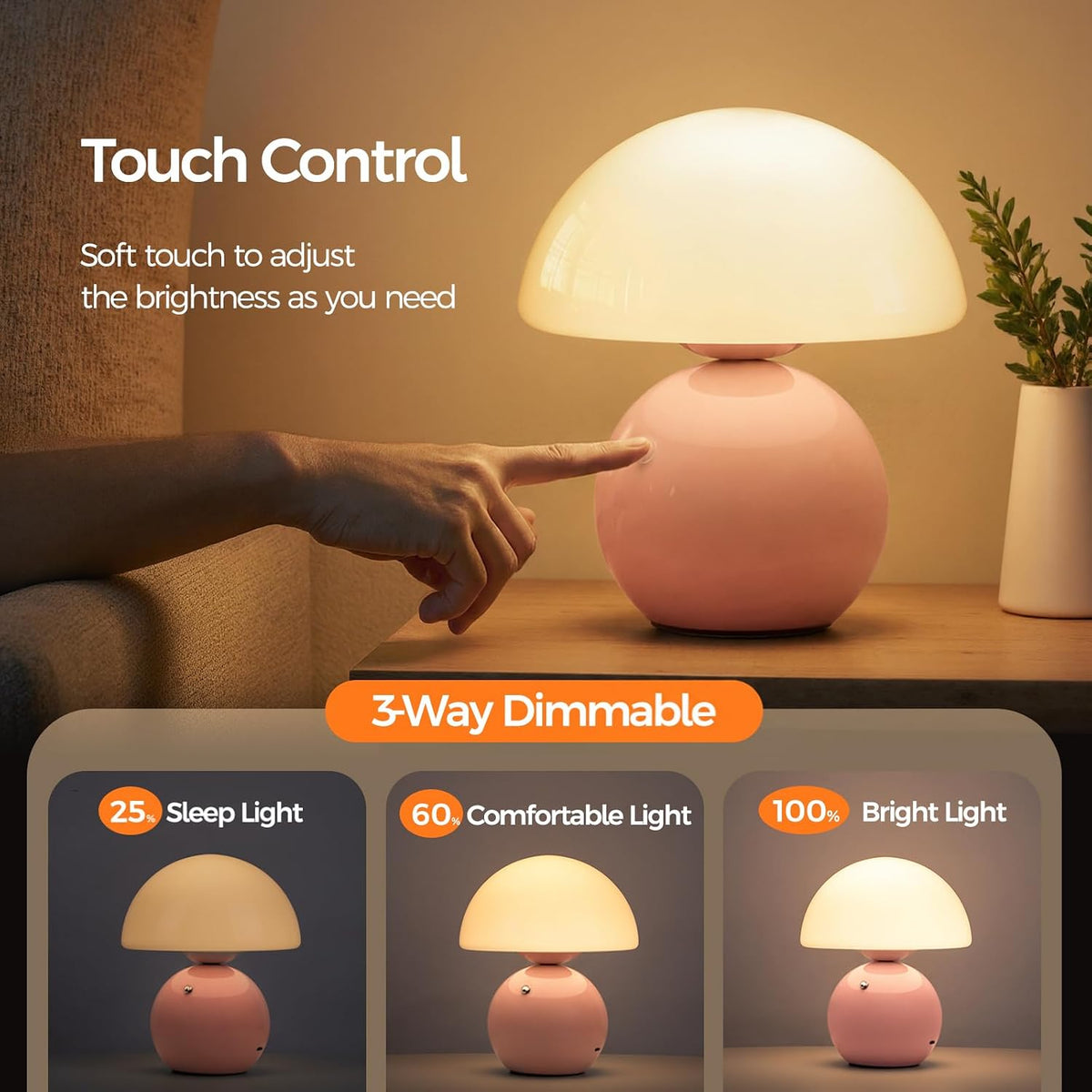 NIORSUN Mushroom Lamp Table Lamp for Bedroom, Portables Cordless Table Lamp,Wireless lamp,Small Bedside Table Touch Lamps for Living Room,Mini Mushroom 5200mAh Battery Operated Lamp Modern Pink