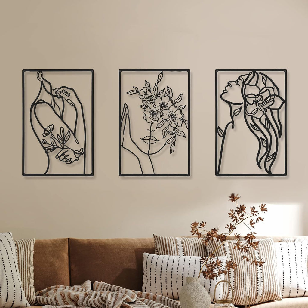 CHENGU 3 Pieces Minimalist Metal Wall Art Decor, Abstract Woman Line Art Wall Decor, Modern Metal Sculpture for Living Room Bedroom Bathroom Apartment Aesthetic Home Decoration