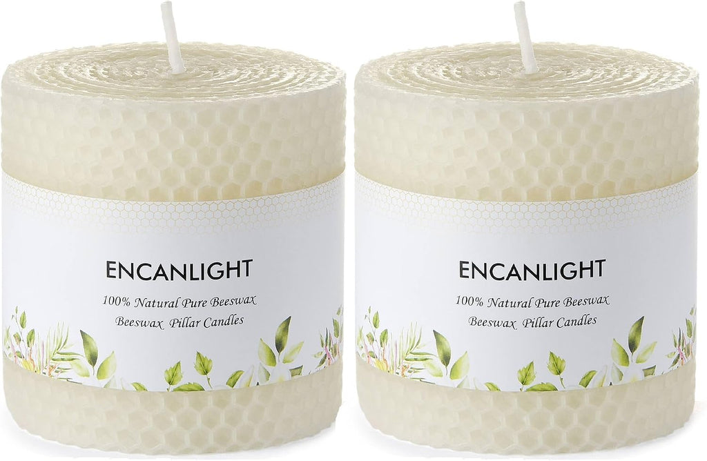 White Roll 2packs Beeswaxs Pillar Candles,Honeycamb Pillar Candle Set