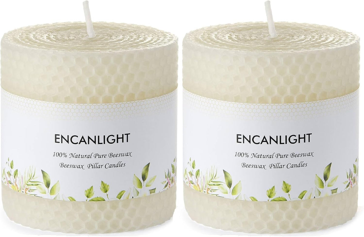 White Roll 2packs Beeswaxs Pillar Candles,Honeycamb Pillar Candle Set
