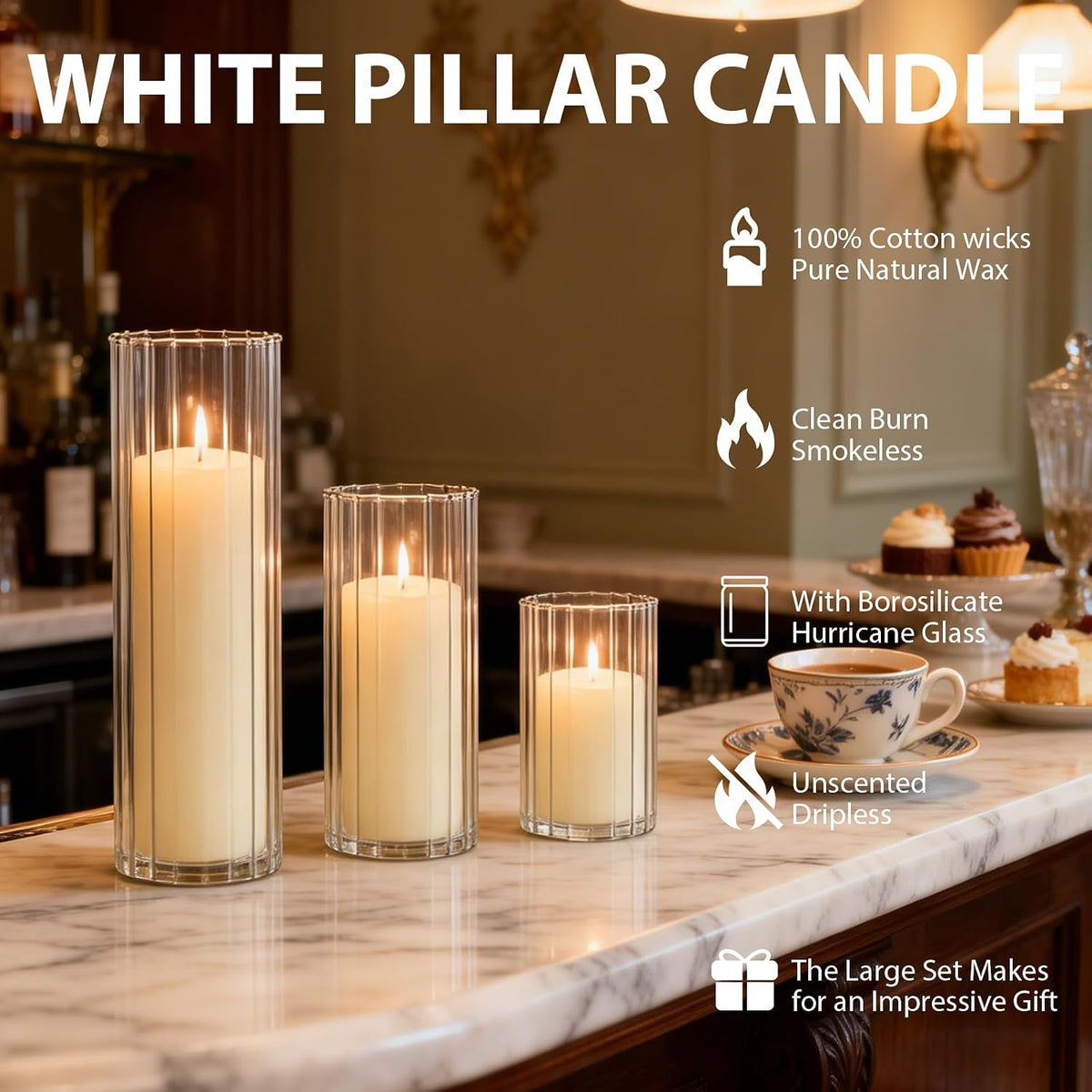 12 Pack Ivory Pillar Candles + 12 Pack Vertical Ribbed Clear Glass Cylinder Holders, Hurricane Candle Shades for Wedding, Home, Party Table Centerpieces Decor