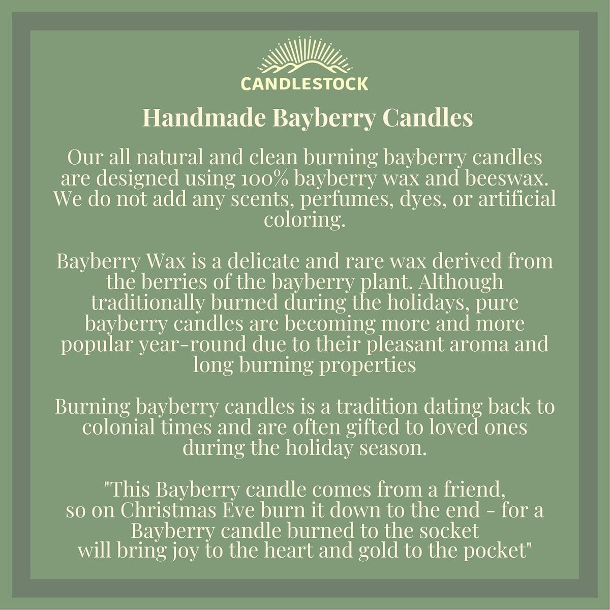 Candlestock Real Bayberry Taper Candle Pair 8 inch - Pure Bayberry and Pure 100% USA Beeswax Blend - Dripless Taper Candle Pair