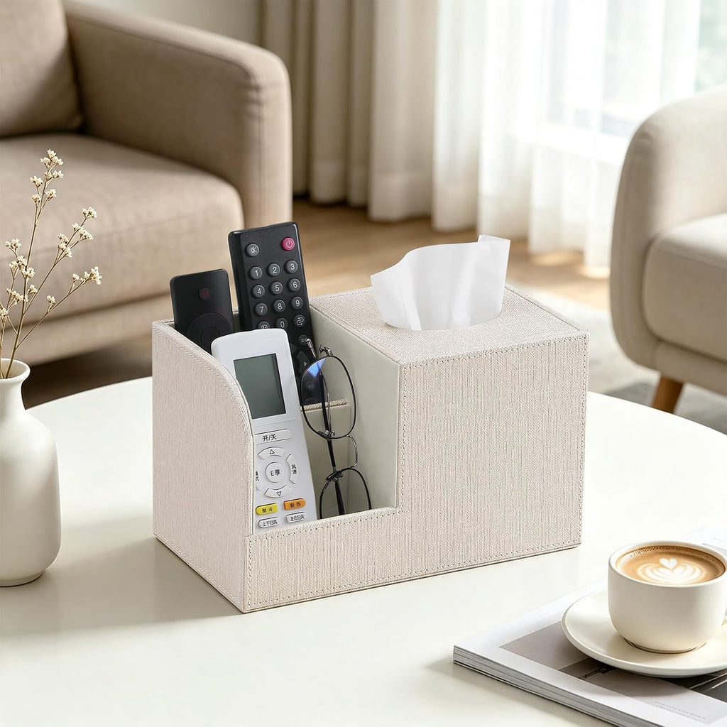 Square Tissue Box Cover with Remote Control Holder, Linen Beige
