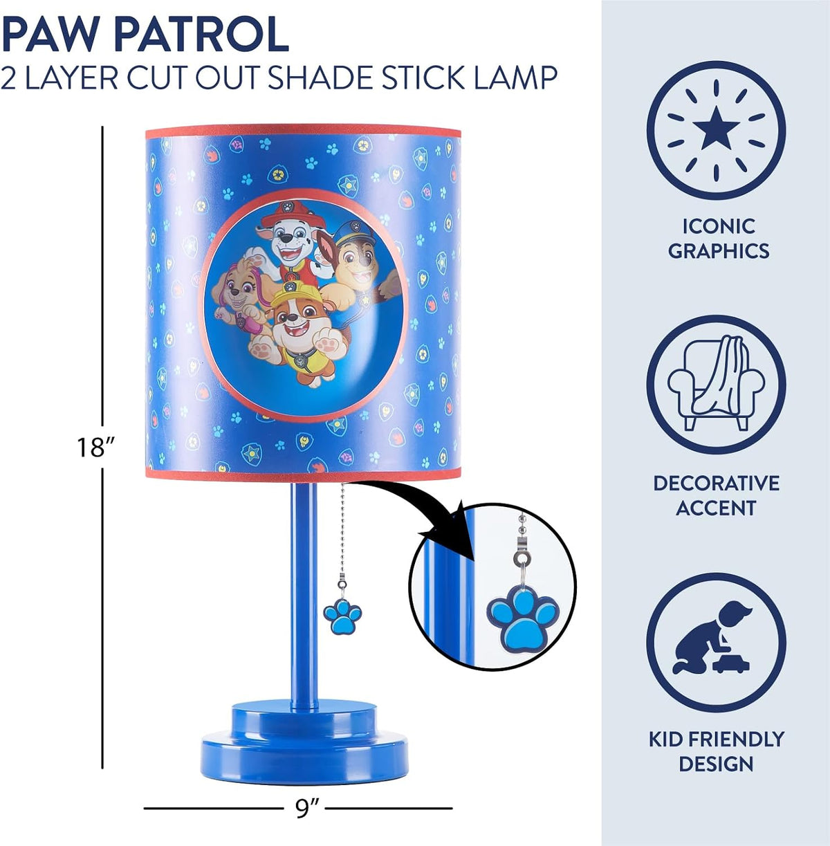Idea Nuova Nickelodeon Paw Patrol 2 Layer Cut Out Shade Stick Table Lamp with Figural Pull Chain and Themed Printed Decorative Shade
