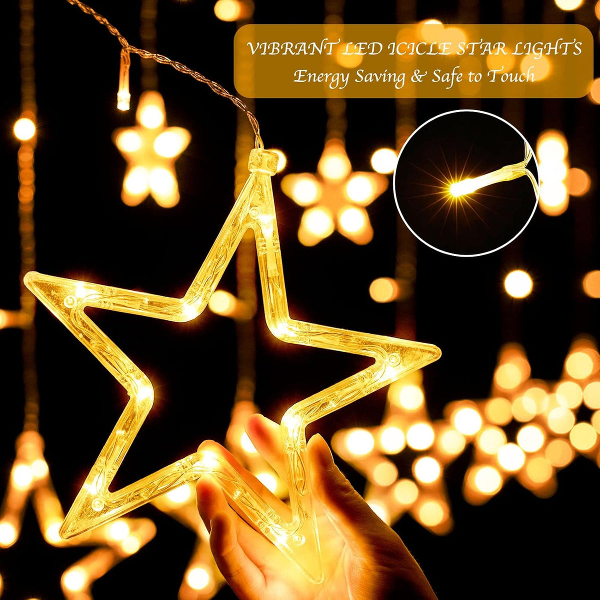 12 Stars 138 LED Star Curtain Lights Plug in, 8 Modes Lights for Bedroom