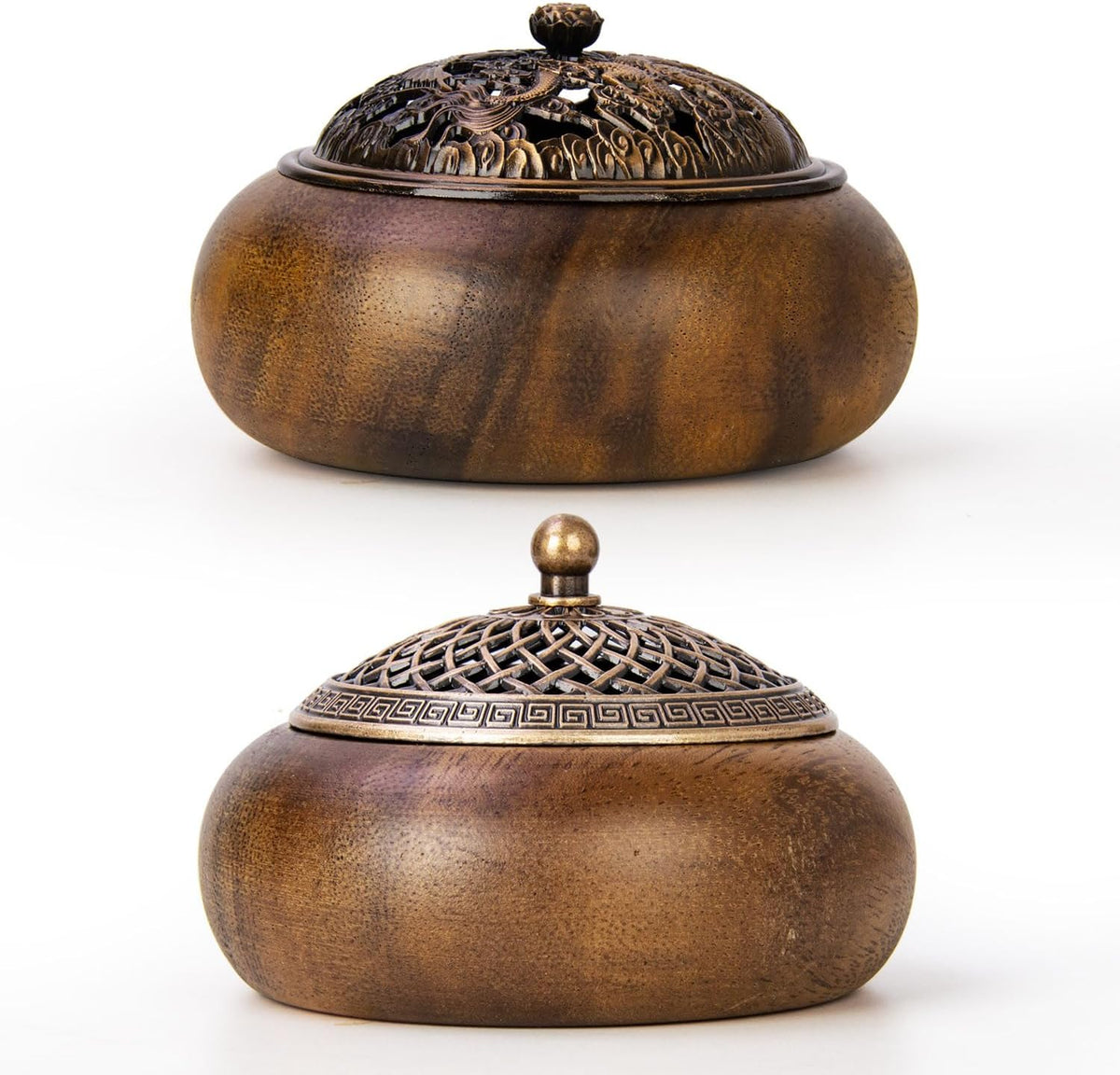 2 Pack Incense Cone Holder, Wooden Incense Burner with Brass Cover, Bakhoor Burners for Sticks Coil, Frankincense Room Home Decor Yoga Spa Meditation (R)