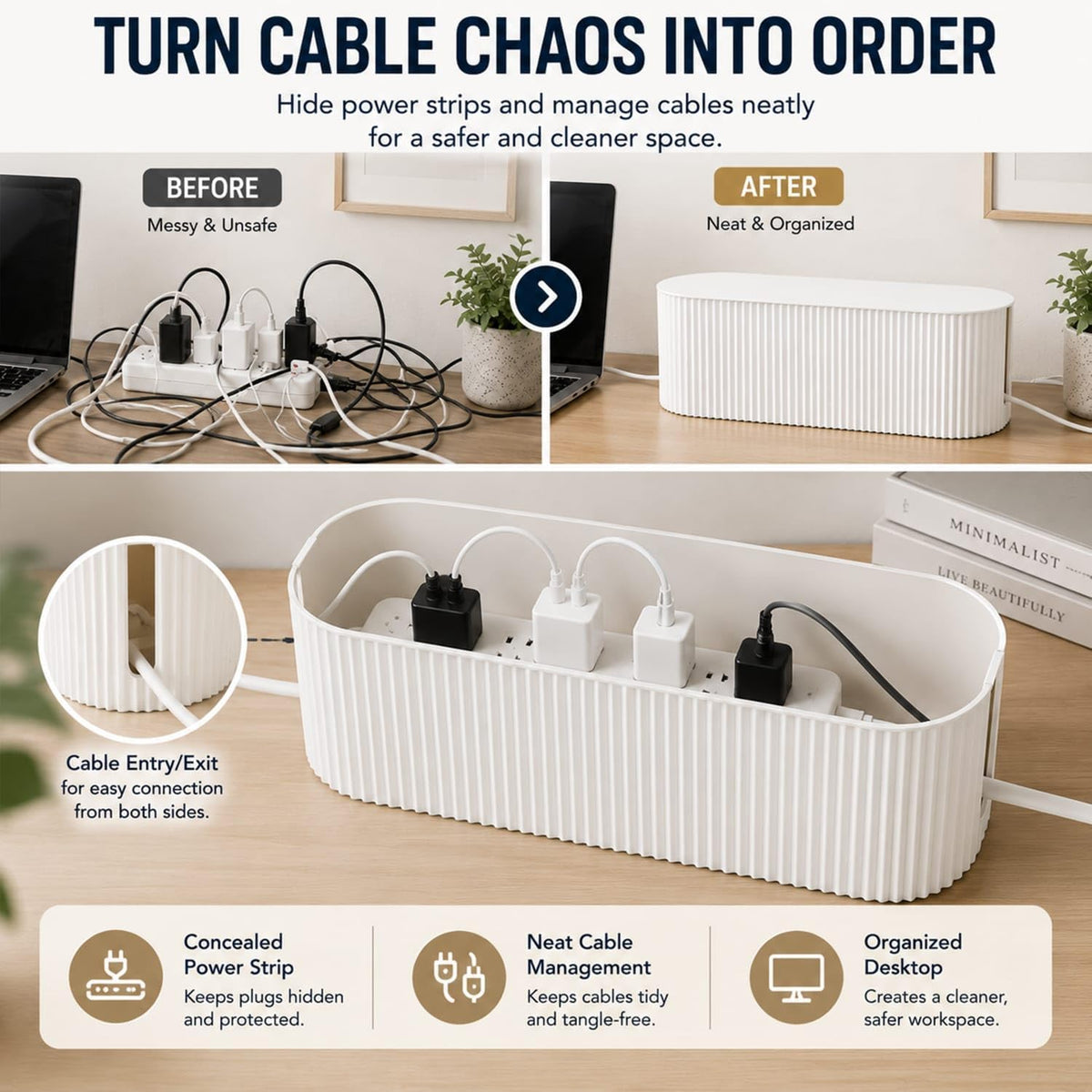 Cable Management Box – Cord Organizer for Desk & TV, Wire Storage Box for Power Strips, Clean & Tidy Cable Organizer for Home & Office (Large)