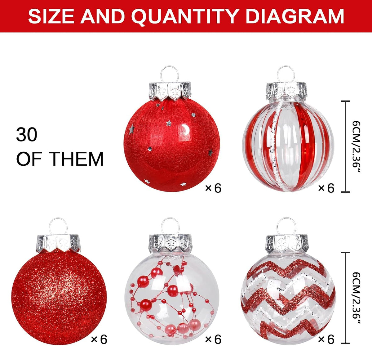 30PCS Red Clear Christmas Ball Ornaments Set for Xmas Tree Decorations
