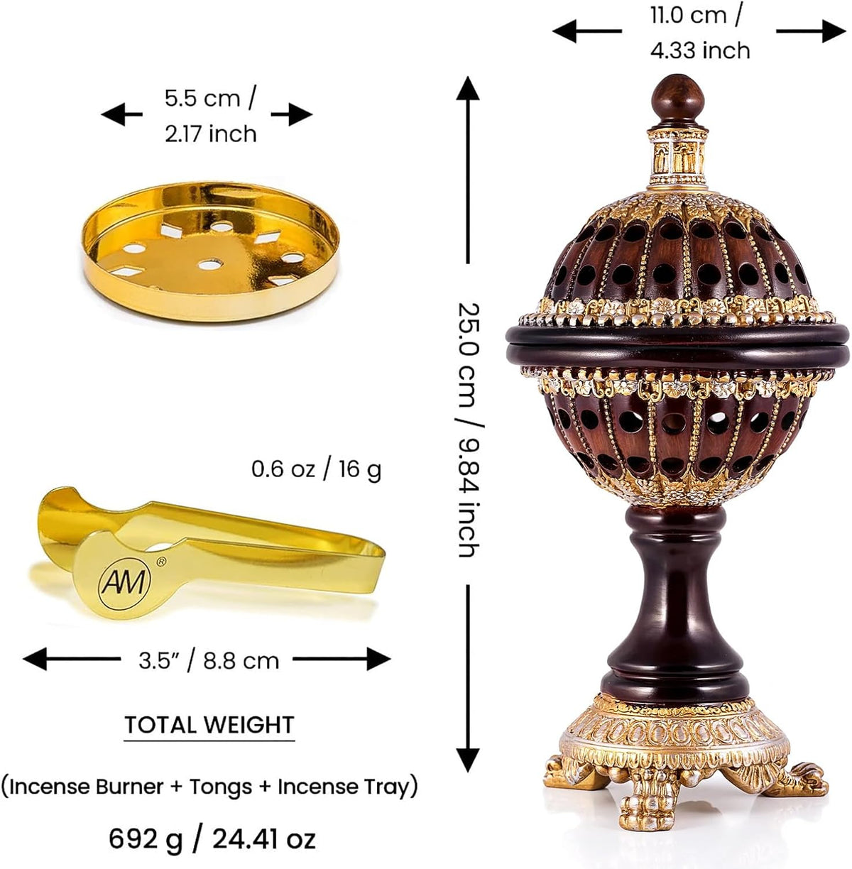 AM Luxury Globe Incense Burner - Bakhoor Cone Holders | Frankincense Charcoal Burner | Mabkhara | for Office & Spiritual Décor (Brown)