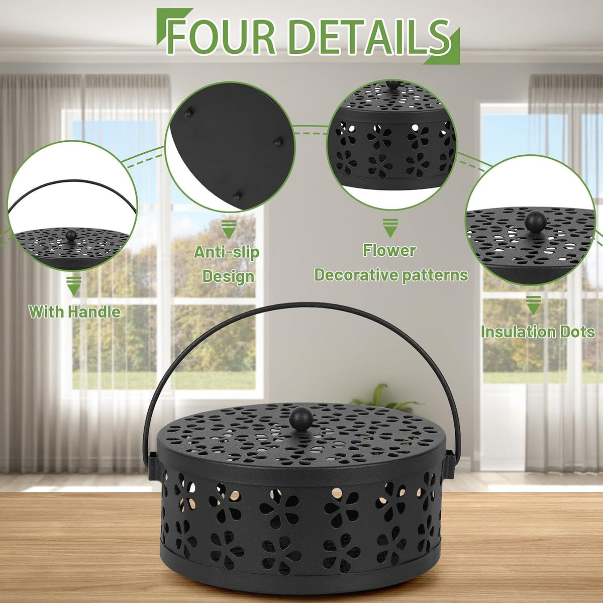 Portable Iron Mosquito Coil Holder with Handle, Black