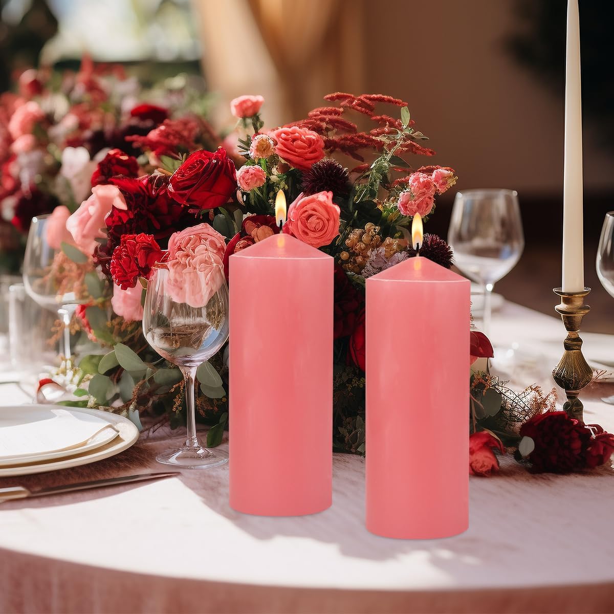 Pink Pillar Candles for Romantic, 3x8 Inch Unscented Column Candles for Spa Church Weddings, Non-Toxic Smokeless and Dripless Hand Poured Emergency Candle