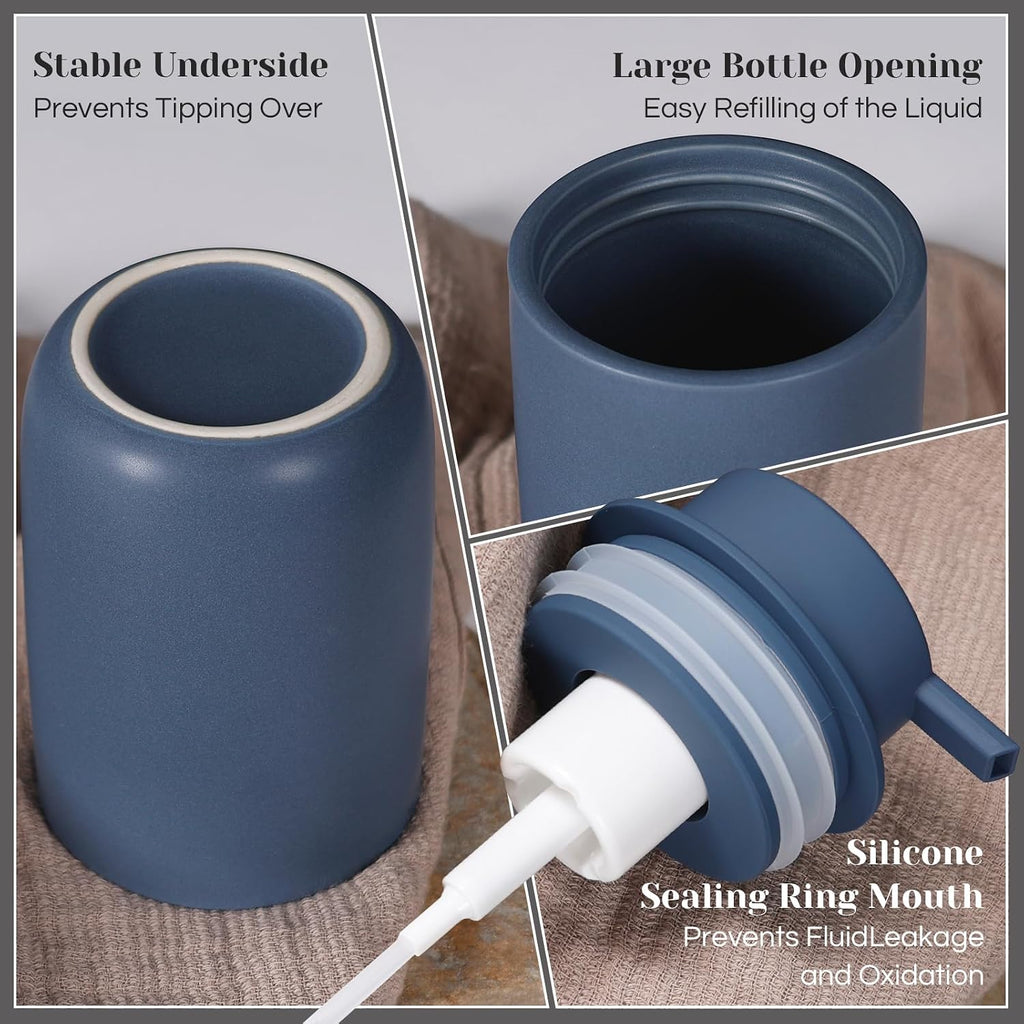 INGOFIN Ceramic Foaming Soap Dispenser Set, 2 Pack (12 oz) Bathroom Foam Hand Soap Dispenser with Pump, Hand and Dish Dispenser Set with 8 Pcs Clear Stickers,for Kitchen- Matte Blue