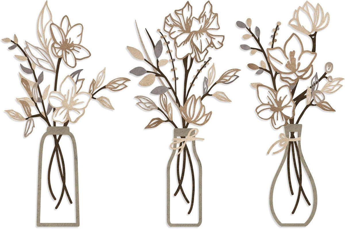 ARTINME 3 Pieces Metal Flowers Wall Arts - Rustic Farmhouse Decor Minimalist Flower Wall Decors for Living room Bathroom Kitchen Bedroom Dining Room - Housewarming Gifts (Brown)