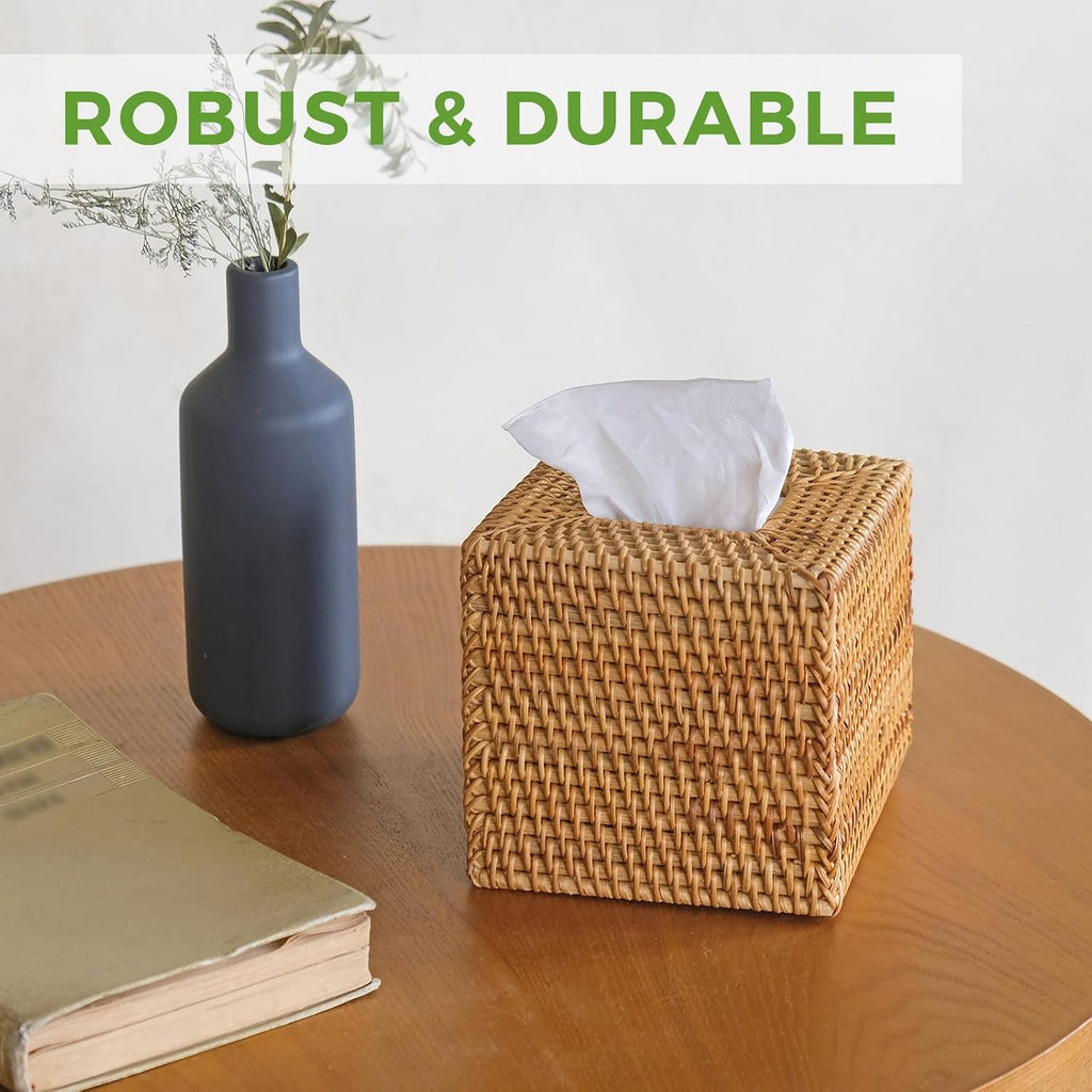 Rattan Tissue Box Cover Square, Handwoven Wicker Facial Tissue Box Holder