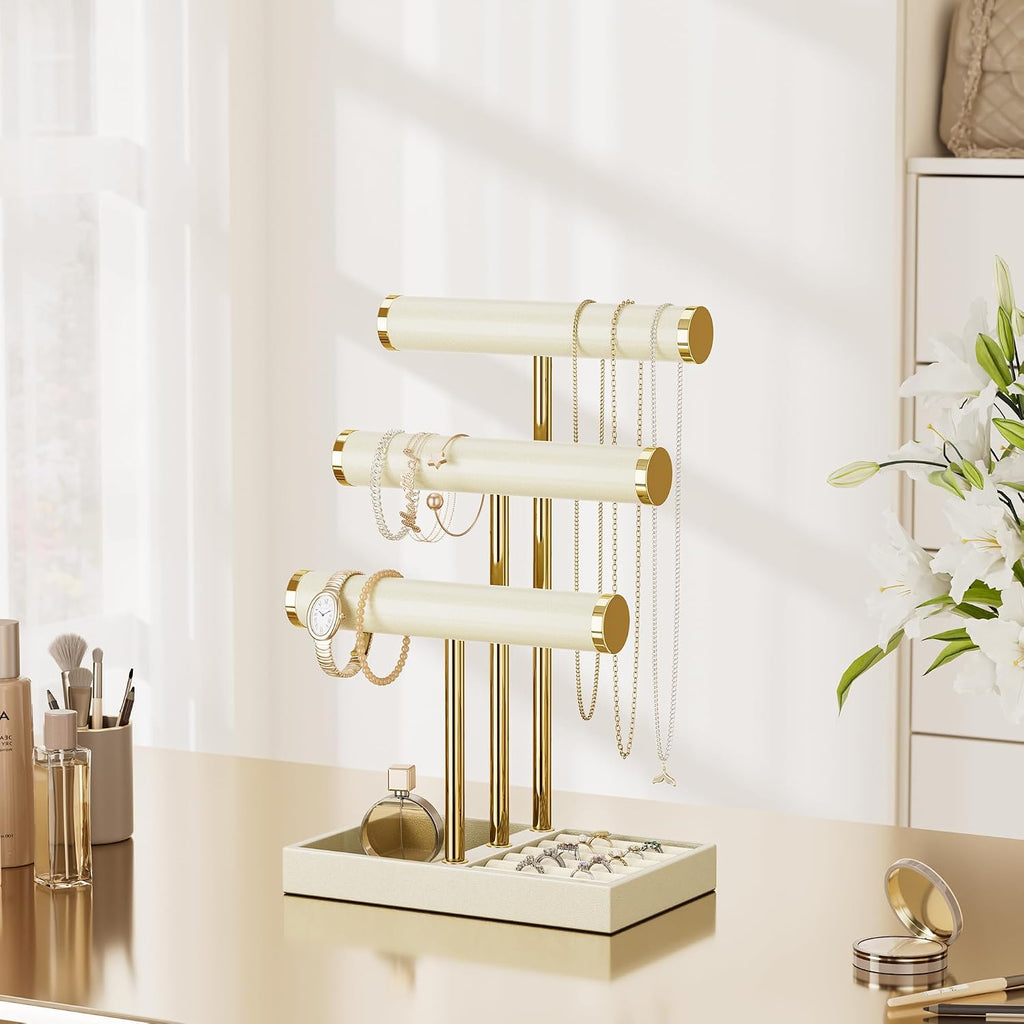 bussdis 3 Tier Bracelet Holder Display - Beige Leather Bracelet Holder, Detachable T Bar Jewelry Holder Organizer for Bracelet, Necklace, Earrings, Rings, Watches, Bangle