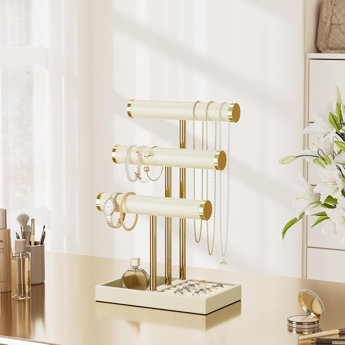 bussdis 3 Tier Bracelet Holder Display - Beige Leather Bracelet Holder, Detachable T Bar Jewelry Holder Organizer for Bracelet, Necklace, Earrings, Rings, Watches, Bangle