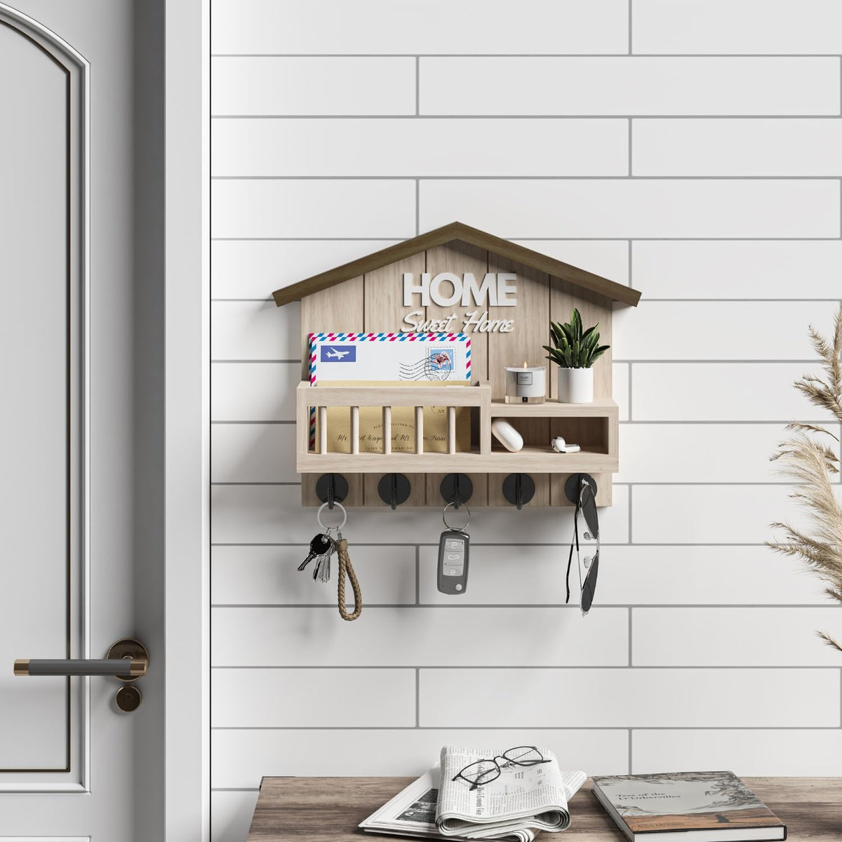 Key and Mail Holder for Wall, Wall Key Holder with Shelf, Key Rack Wall Mount, Wood Key Holder Wall Mount, Mail Organizer Wall Mounted, Entryway & Front Door Key Holder with 5 Hooks(White)
