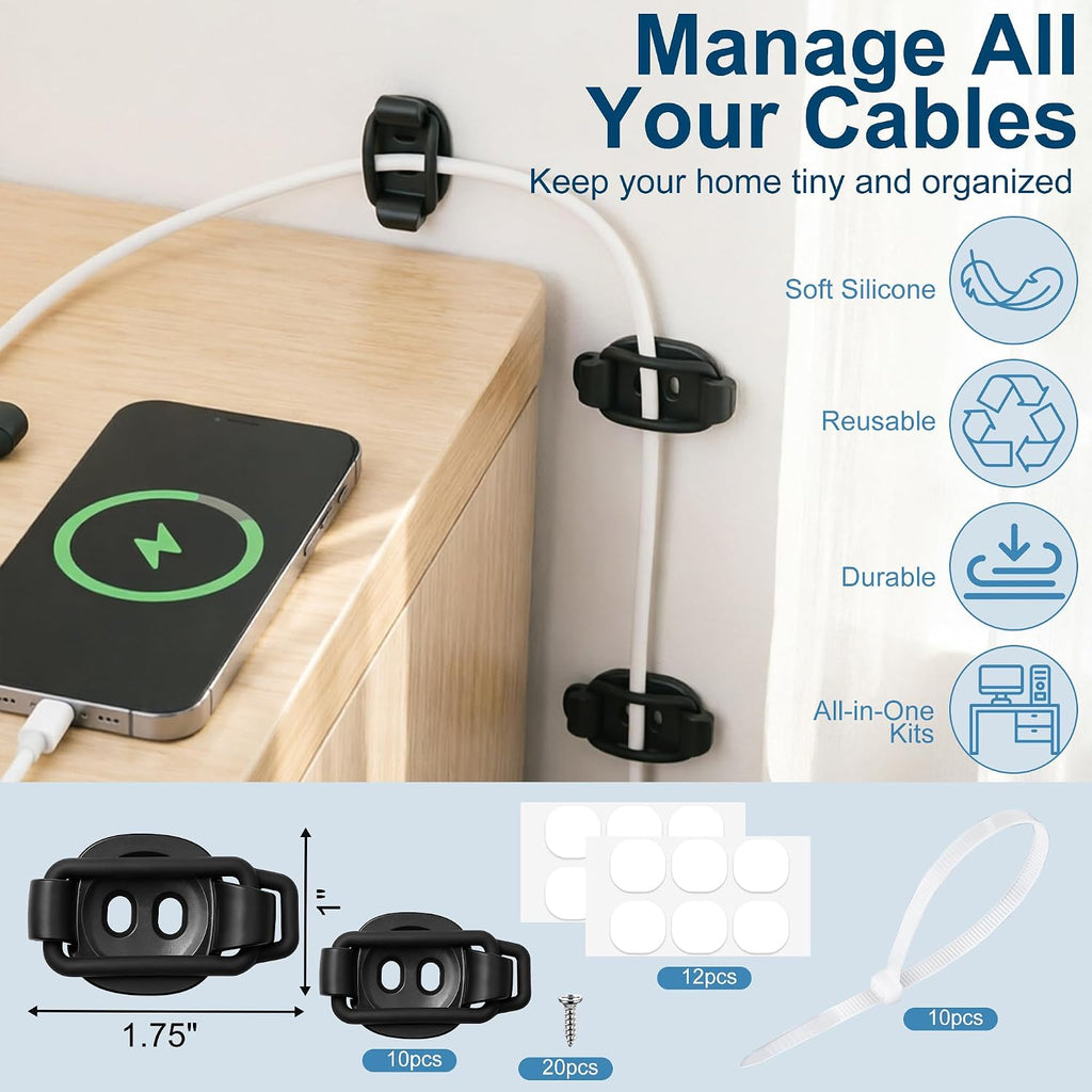 10 Pack Cable Management Clips, Adhesive Cable Clips for Cords Organizer
