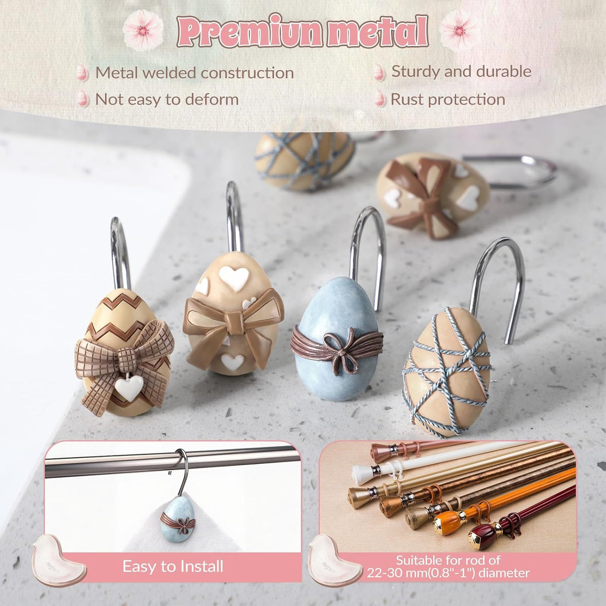 Colingmill 12 Pcs Easter Shower Curtain Hooks Easter Egg Shower Curtain Hooks Vintage Egg Bathroom Rust Resistant Decor Rings for Holiday Bathroom Bedroom Farmhouse Decorations