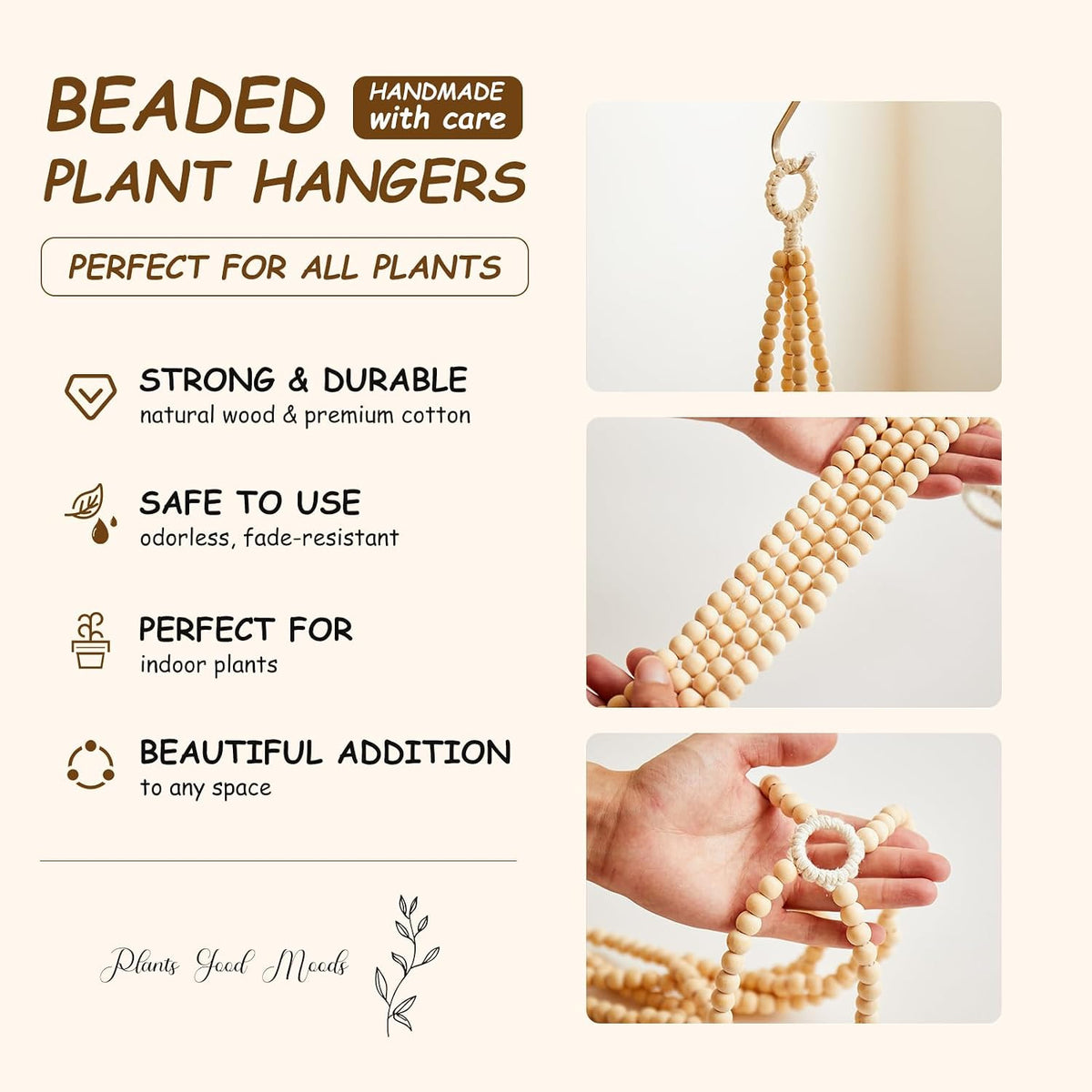 Boho Wood Bead Macrame Plant Hangers, 2Pack Handmade Beaded Hanging Planter Holders for Indoor with 4 Hooks, Fits 4–8 Inch Pots, Hanging Basket for Living Room Bedroom Patio Balcony Home Decor