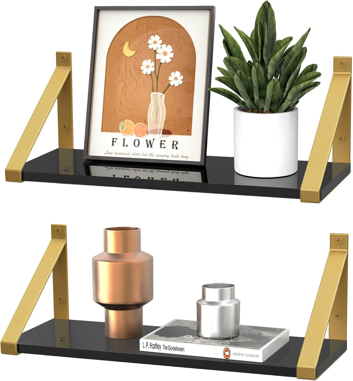 Gold Black Floating Shelves Wall Mounted Set of 2, 8mm Transparent Acrylic, Invisible Wall Shelves for Bedroom, Living Room, Bathroom, Kitchen, Office Display Decor (13in)