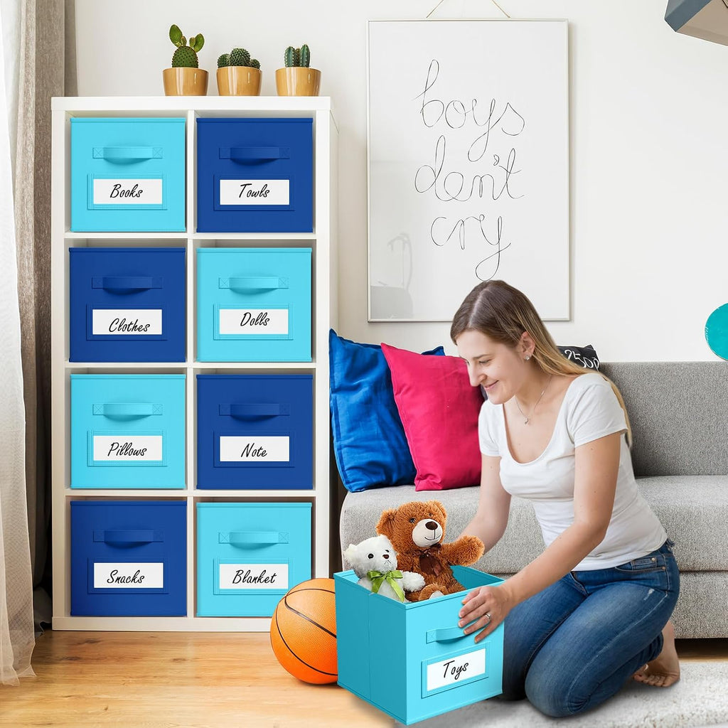 10 Pack Fabric Storage Cubes with Label 11" Collapsible Cube Bins, Blue