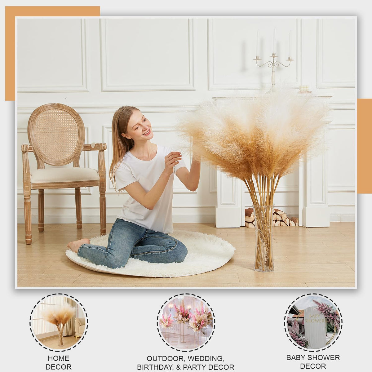 7 Pcs Faux Pampas Grass-45 Inches/3.75ft Large Boho Decor Fluffy Artificial Pompas Grass Décor Tall Vase Filler for Home Wedding Decoration (Beige Gradient, 7)